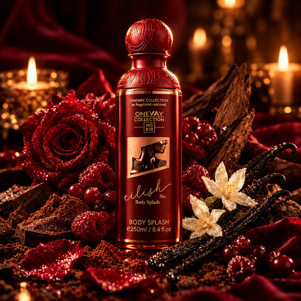 A bottle of Oneway Collection 'elish' Body Splash, featuring a deep burgundy-red bottle with a matching textured cap, set against a softly blurred background.