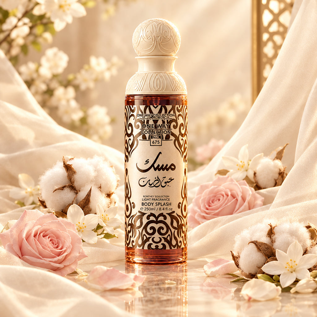 A bottle of Levain 'Luno' light body spray, featuring a white cap and a white label with black ornate patterns, set against a dark gray background.