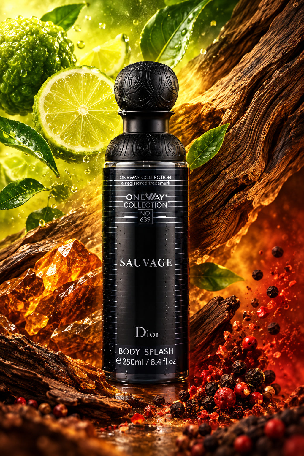 Dior One Way Collection Sauvage Body Splash 250ml spray bottle, featuring a dark metallic black and silver striped design with a textured black cap.