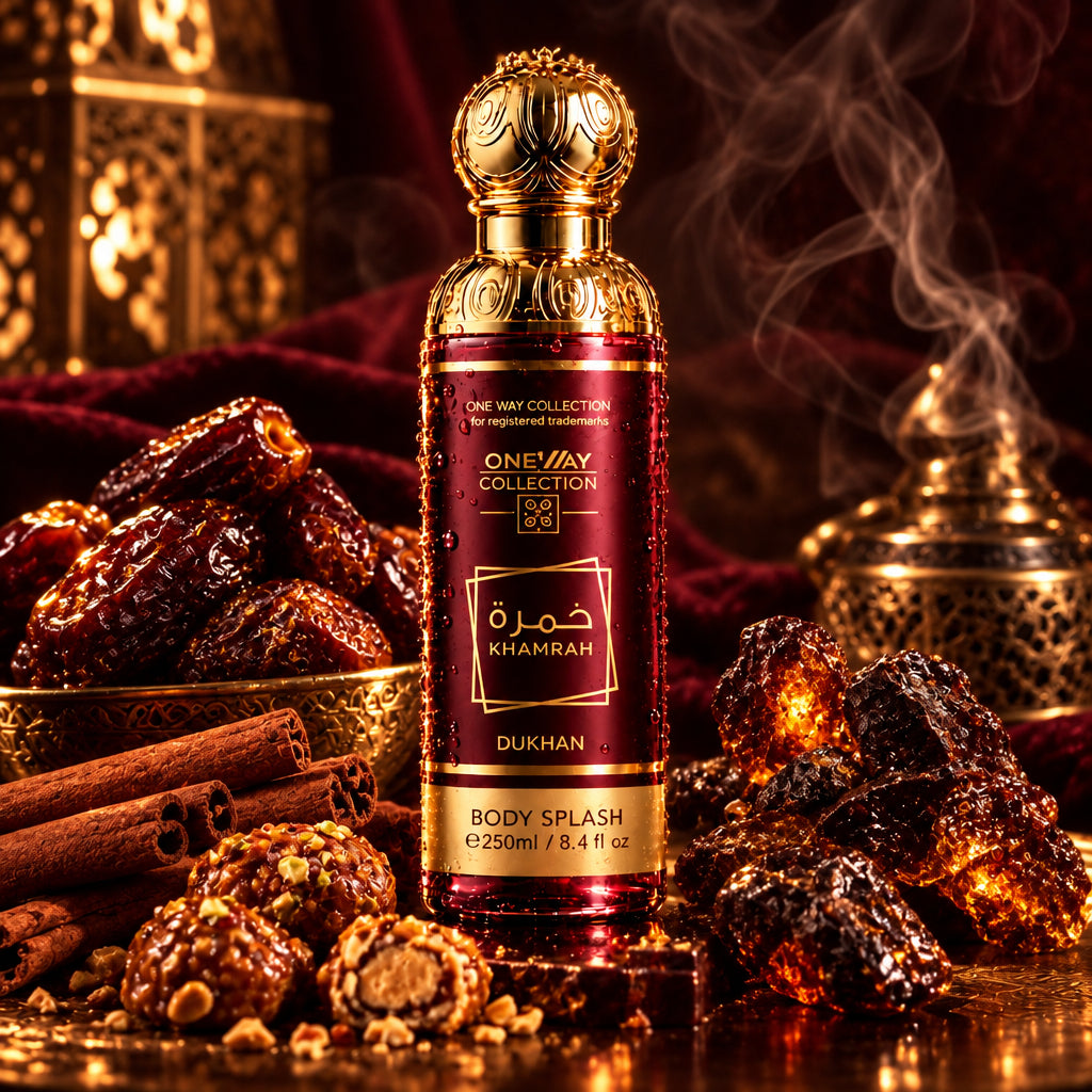 A bottle of Dukhan One Way Collection Hamra Khamrah Body Splash, featuring a dark brown label with gold lettering and a highly ornate gold cap, set against a dark wood background.