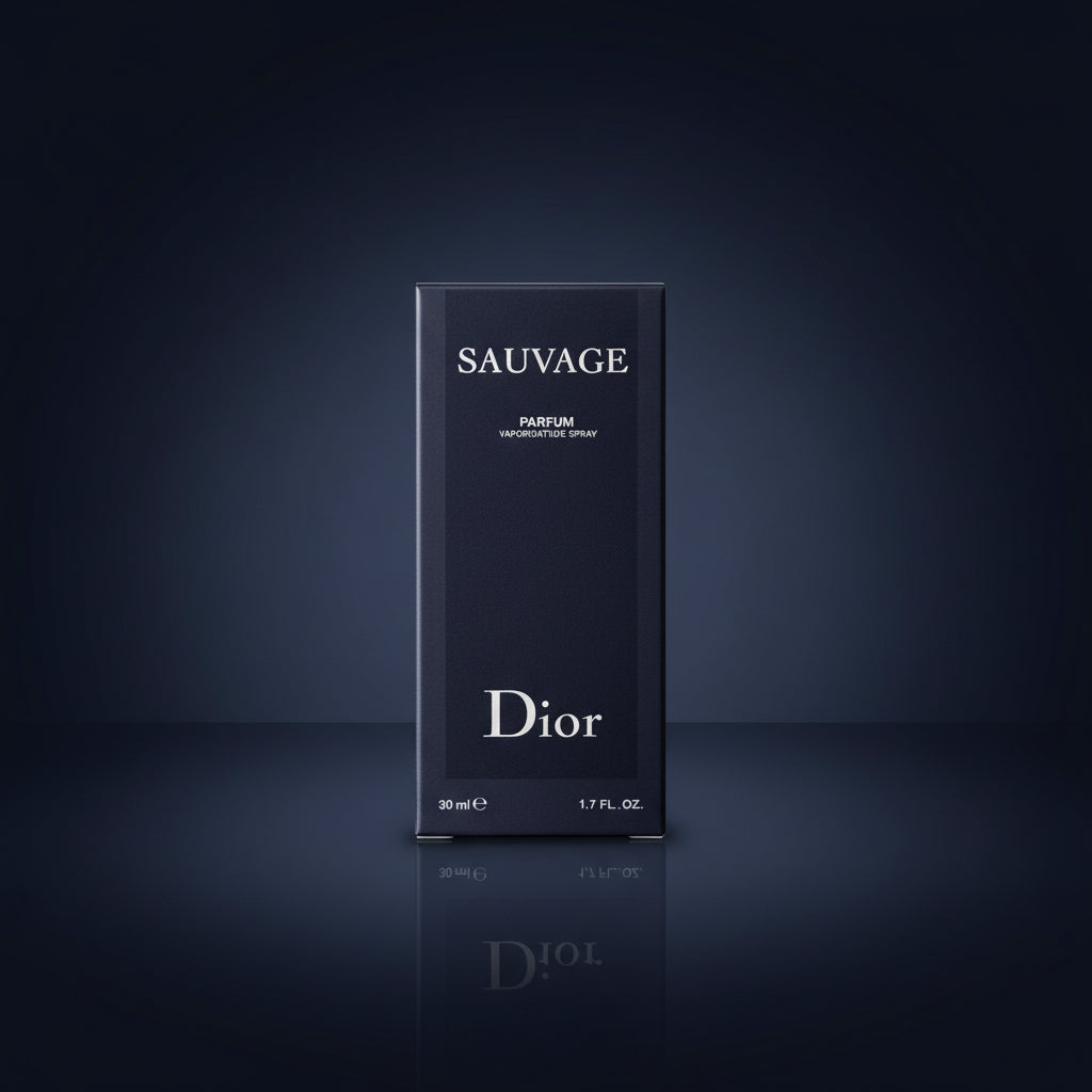 A hand holds a Dior Sauvage Parfum 10ml travel pack box in front of several matching Dior boxes, with a Cartier poster in the background.