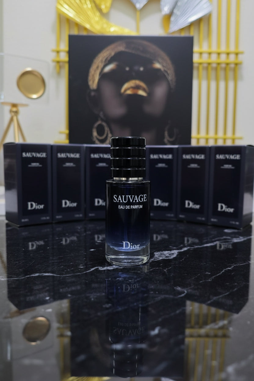 A hand holds a small bottle of Dior Sauvage Eau de Parfum, with several dark blue and purple Dior Sauvage boxes stacked beside it. A Dior shopping bag is visible in the background, along with a decorative gold tripod.