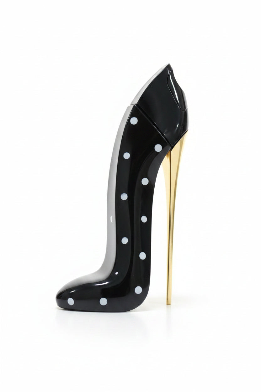 A hand with black nail polish holds a glossy black perfume bottle shaped like a stiletto heel with white polka dots and a gold sole, next to a boxed fragrance labeled Good Girl by Chiara Mumentara.