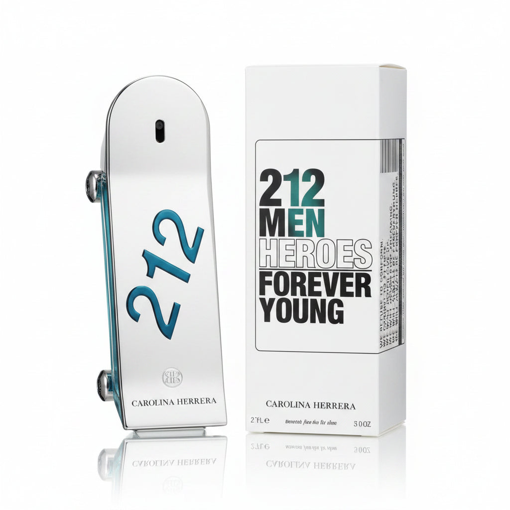 A bottle of 212 Men Heroes Forever Young fragrance with a blue-green transparent glass body and a white cardboard box, displayed on a reflective surface with a gold circular background.