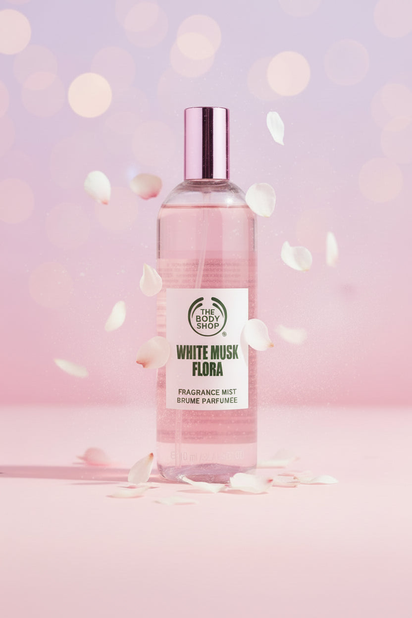 A bottle of The Body Shop White Musk Flora Fragrance Mist, filled with pink liquid and topped with a metallic pink cap, set on a wooden table with a blurred indoor background.