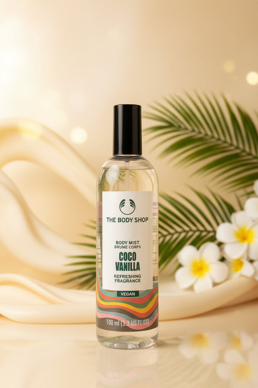 A bottle of The Body Shop Coco Vanilla Body Mist (Brume Corps) on a wooden table, with a blurred bathroom background featuring a mirror and vanity.