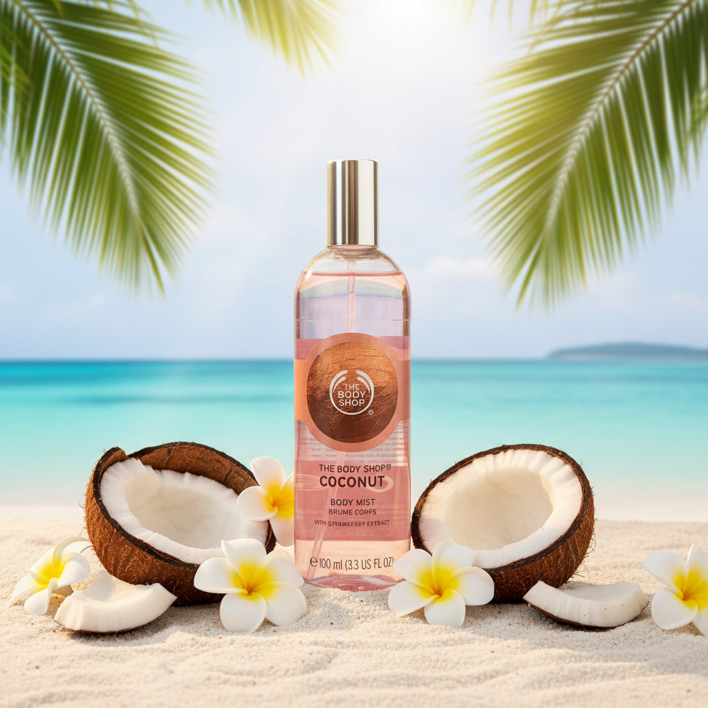 A bottle of The Body Shop Coconut Body Mist with a silver cap, standing on a wooden table in a home setting with a blurred background.