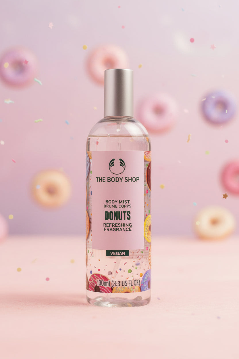 A bottle of The Body Shop Donuts Body Mist Fragrance, featuring a clear plastic bottle with a silver spray cap and a lavender label, set on a wooden table.
