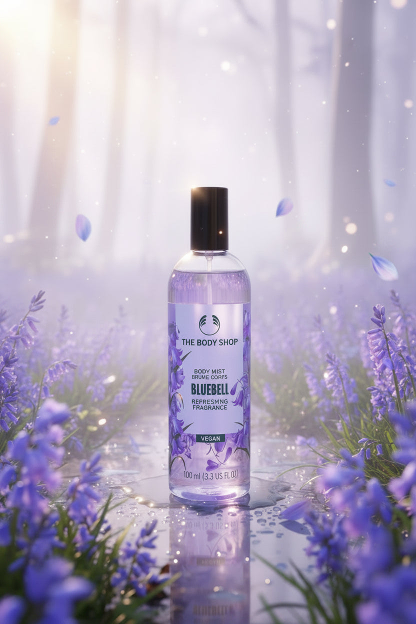 A bottle of The Body Shop Bluebell Refreshing Fragrance body mist, filled with light purple liquid and featuring a black cap, set on a wooden table in a home environment.