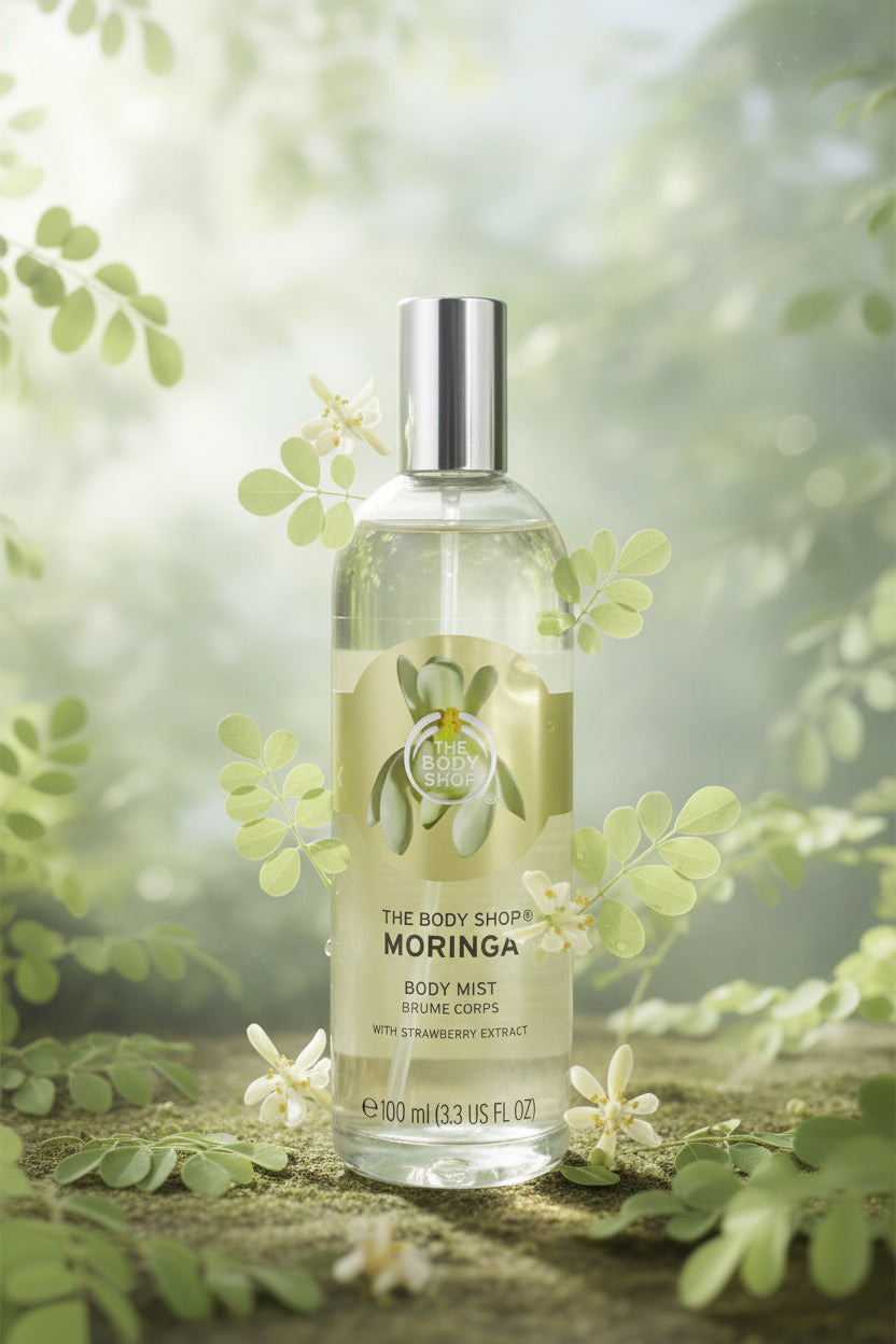A bottle of The Body Shop Moringa Body Mist with a silver spray cap, filled with a pale yellow-green liquid, set on a dark wooden table against a light wall.