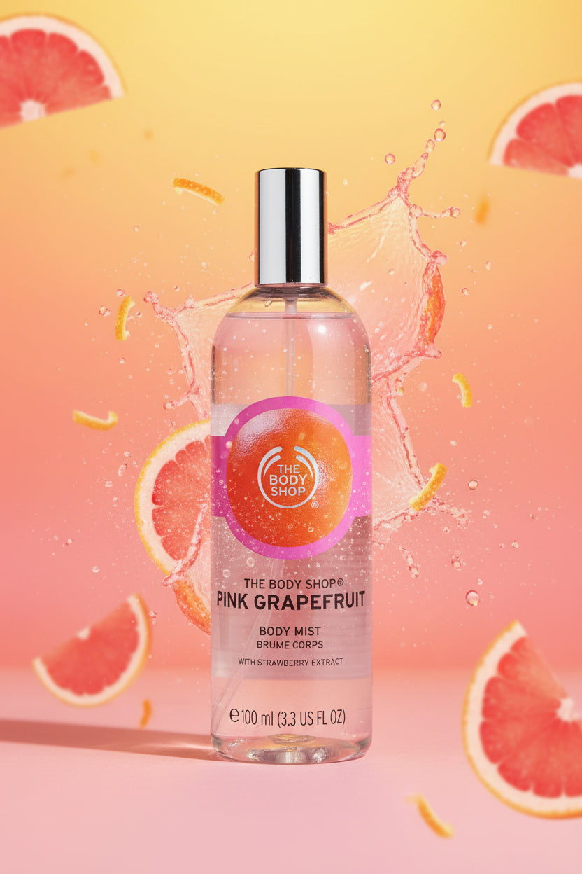A bottle of The Body Shop Pink Grapefruit Body Mist with a silver cap and a pink and orange label, sitting on a wooden surface.