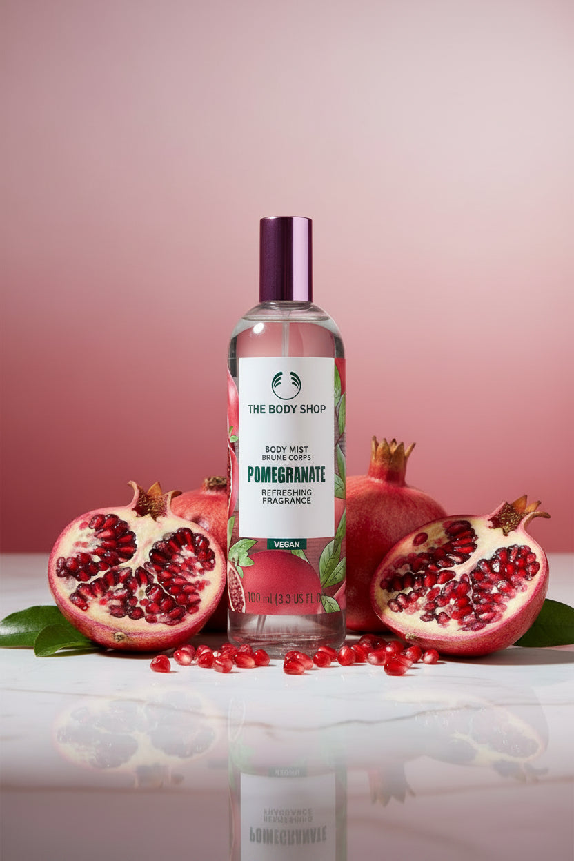 A bottle of The Body Shop Pomegranate Body Mist with a metallic pink cap, standing on a reflective wooden surface with other bottles blurred in the background.