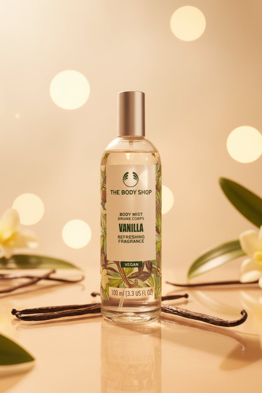 A bottle of The Body Shop Vanilla Body Mist with a silver cap and white label, standing on a wooden counter with other perfume bottles blurred in the background.