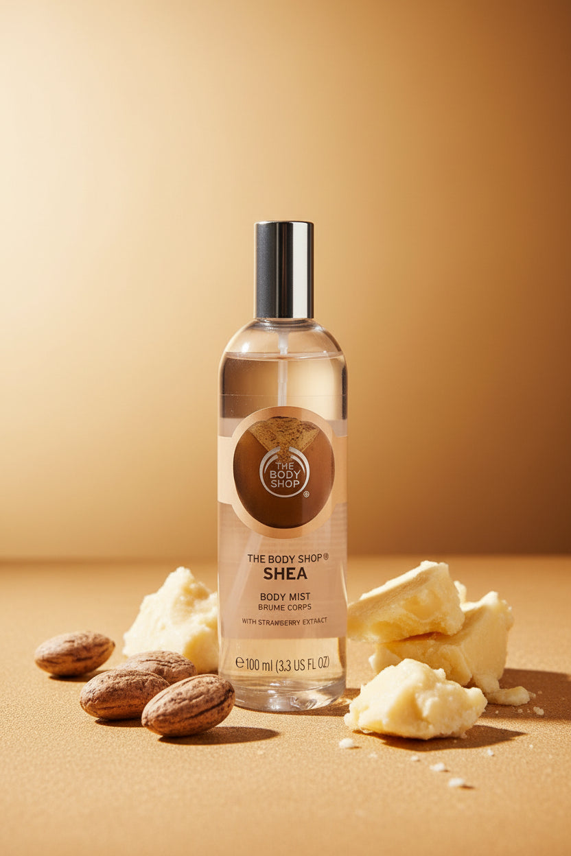 A bottle of The Body Shop Shea Body Mist with a silver cap and a gold circular label, standing on a reflective wooden table with other perfume bottles blurred in the background.