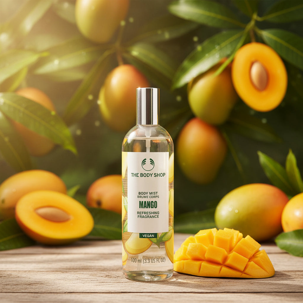 A bottle of The Body Shop Mango Body Mist with a silver cap, placed on a wooden table in a room with a mirror and other bottles in the background.