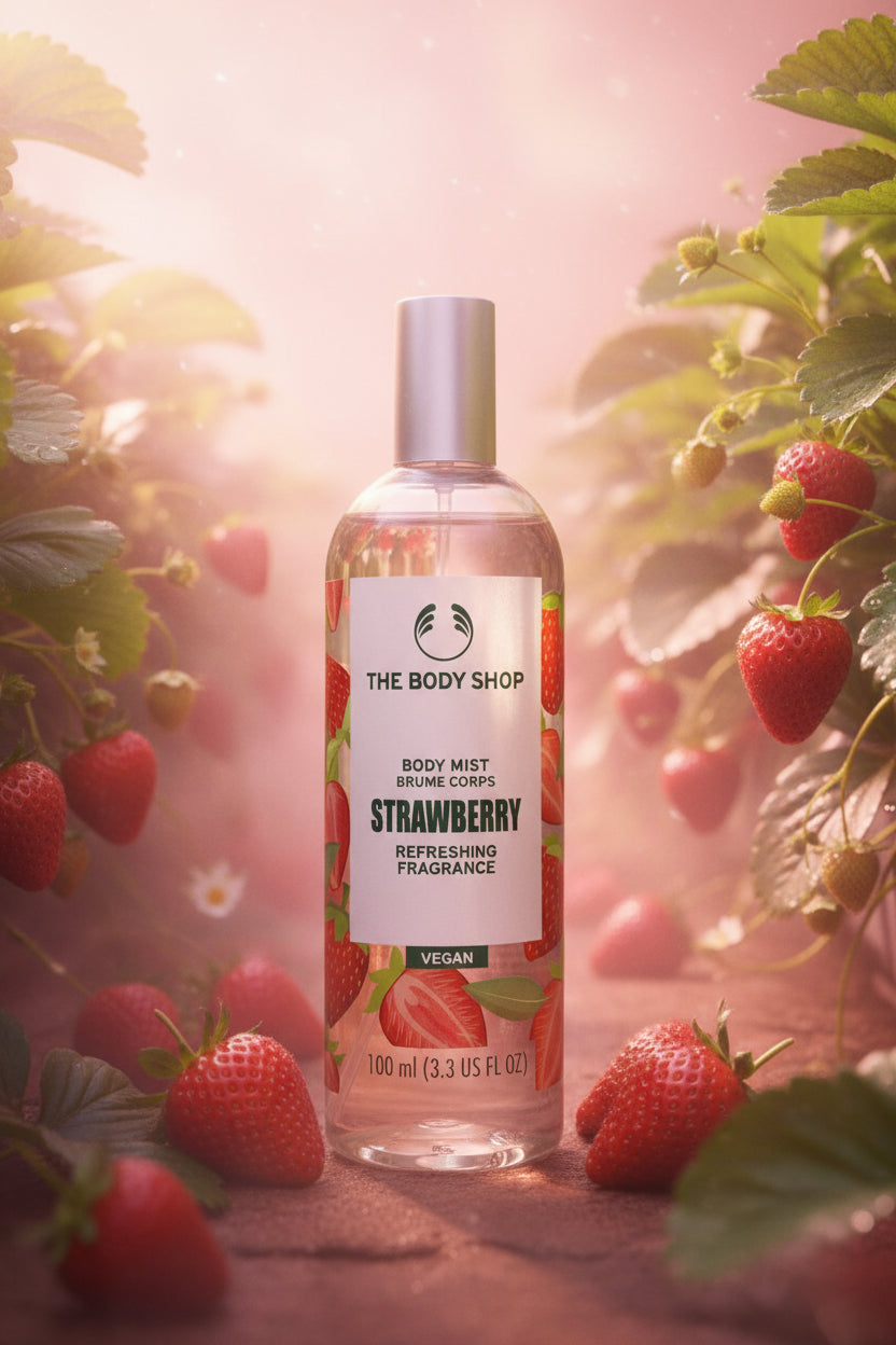 A 100ml bottle of The Body Shop Strawberry Body Mist (Brume Corps) with a clear cap and white label, sitting on a wooden table with a blurred bathroom background.