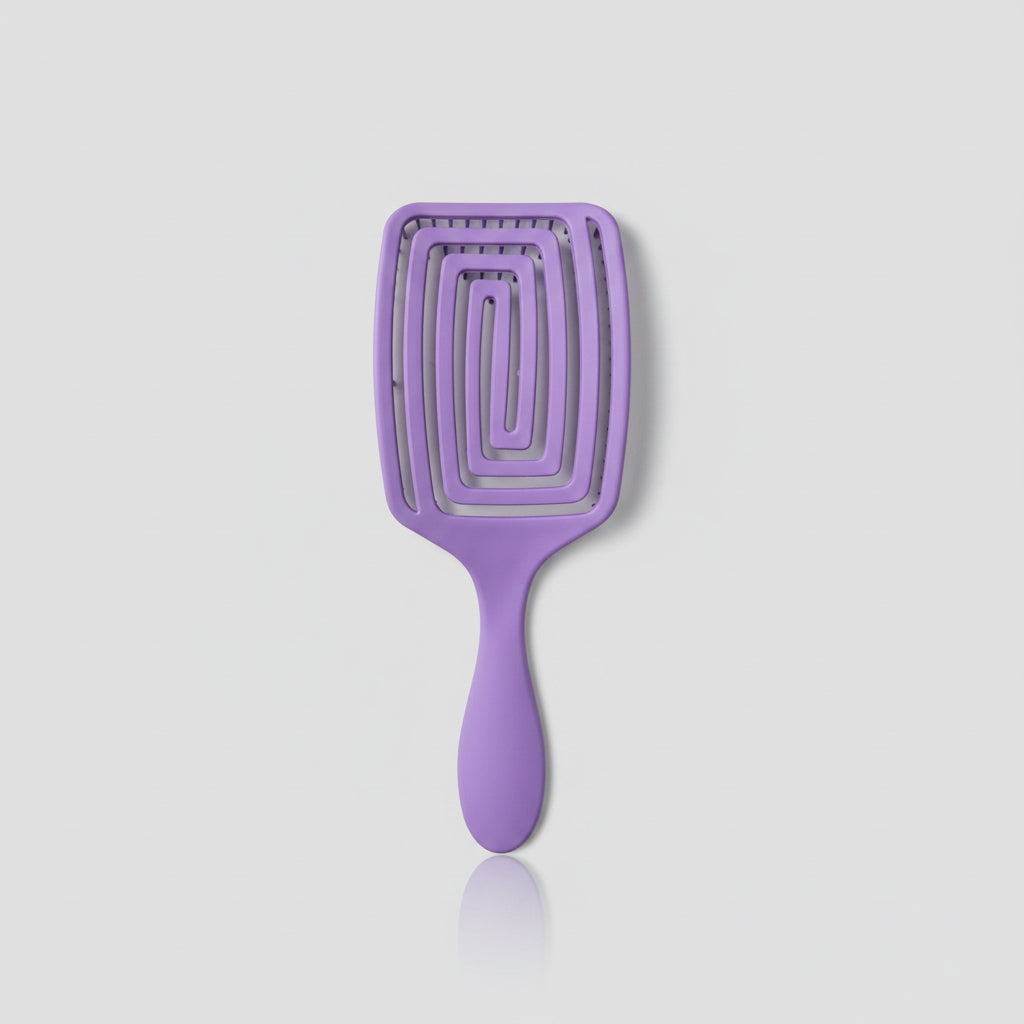 A purple plastic spiral-patterned hair fly swatter with a matching handle, shown on a white sheet of paper.