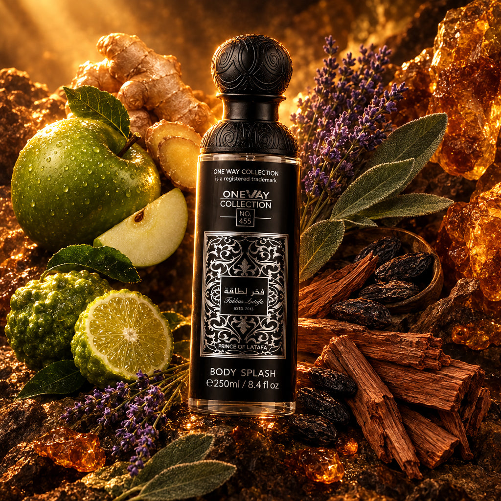 A bottle of OneWay Collection No. 453 Body Splash in 'Price of Love' fragrance, featuring a black bottle with ornate silver patterns and a matching black cap, set against a dark wood background.