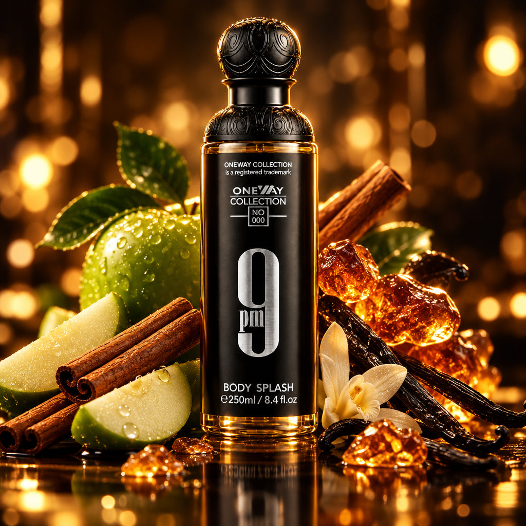 A bottle of OneWay Collection No. 001 9pm Body Splash, 250ml, featuring a black label with silver and white text and a black cap, set against a dark wood background.