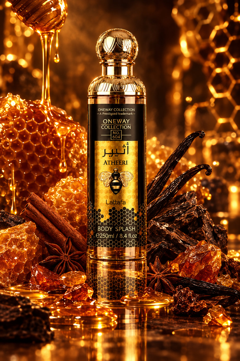 A bottle of Oneway Collection Athiiri Body Splash, featuring a black and gold label with a bee graphic, topped with a gold cap, set against a dark background.