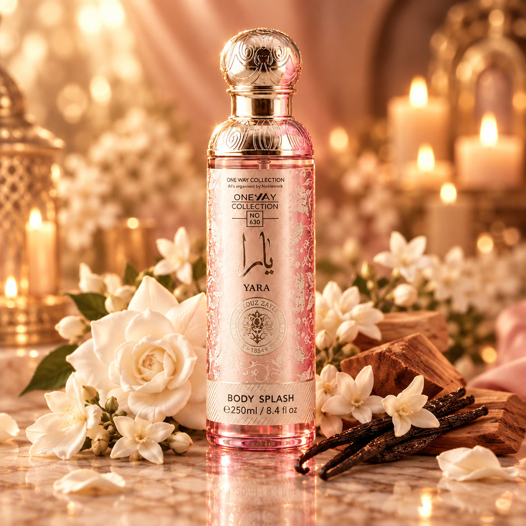A bottle of Yara One Way Collection No. 230 Body Splash, featuring a silver-toned metallic cap and a light pink label with elegant floral patterns, set against a soft pink background.