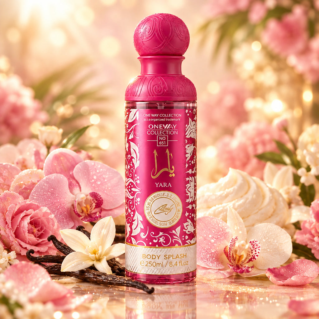 A bottle of Yara One Way Collection body splash in a vibrant magenta pink color, featuring ornate white floral patterns and gold branding details, set against a matching pink draped background.