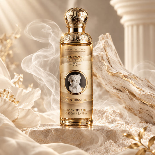 A bottle of One Way Collection No. 023 Snithinston Body Splash, featuring a silver-toned ornate cap and a beige label with a circular portrait illustration, set against a dark, moody background.
