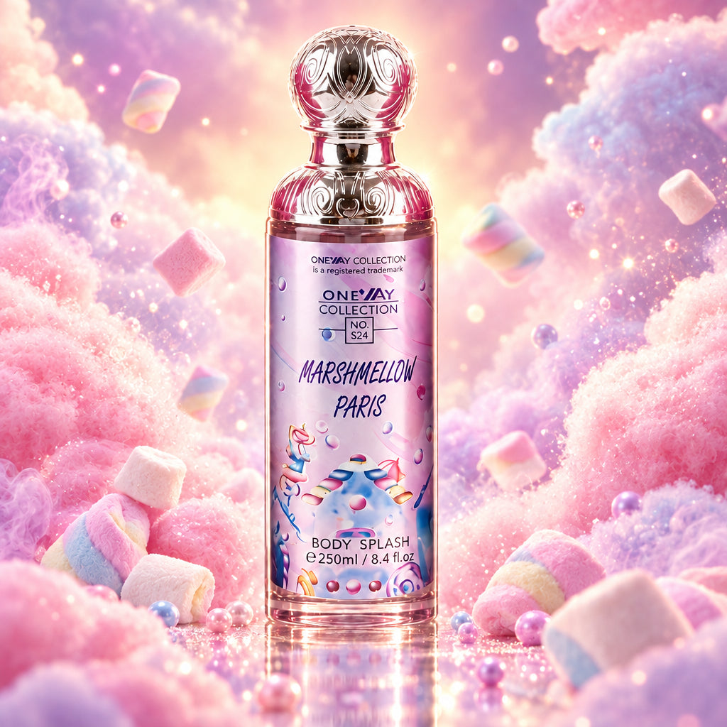 A bottle of One Way Collection No. 24 Marshmellon Paris Body Splash, featuring a pink and purple label with illustrations of ice cream cones, topped with a silver metallic cap.