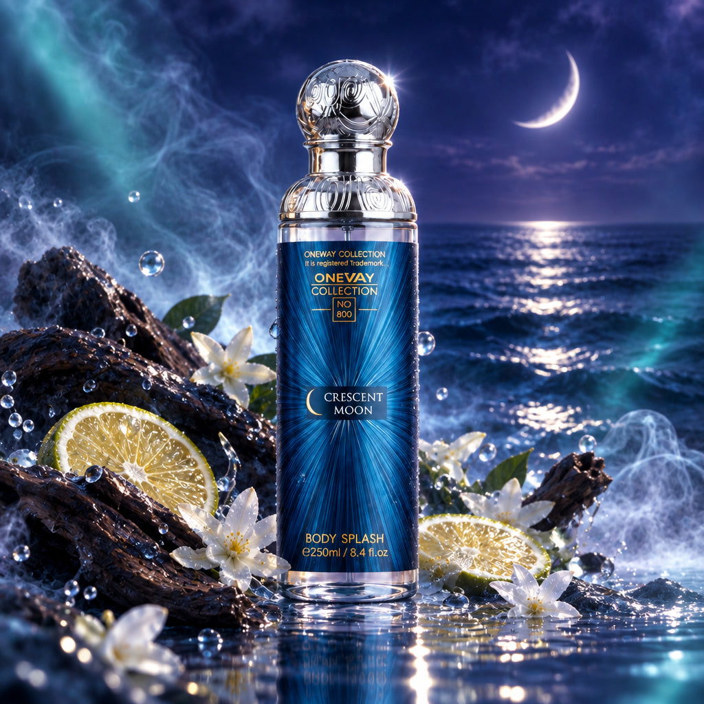 A bottle of One Way Collection No. 686 Crescent Moon Body Splash, featuring a dark blue label with a crescent moon graphic and silver cap, set against a warm wood background.