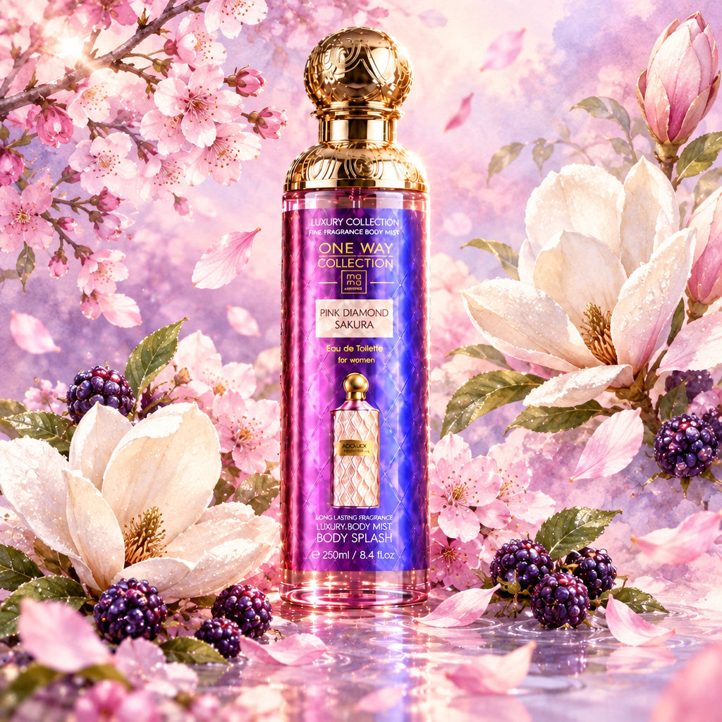A bottle of One Way Collection by Bath & Body Works Pink Diamond Sakira body splash, featuring a purple and blue gradient label with a gold cap, set against a dark wood background.