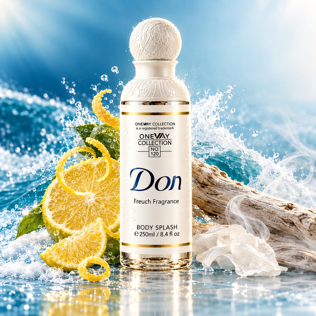 A bottle of Don Freuch Fragrance Body Splash, featuring a white cap and a white label with blue and gold text, set against a light gray background.