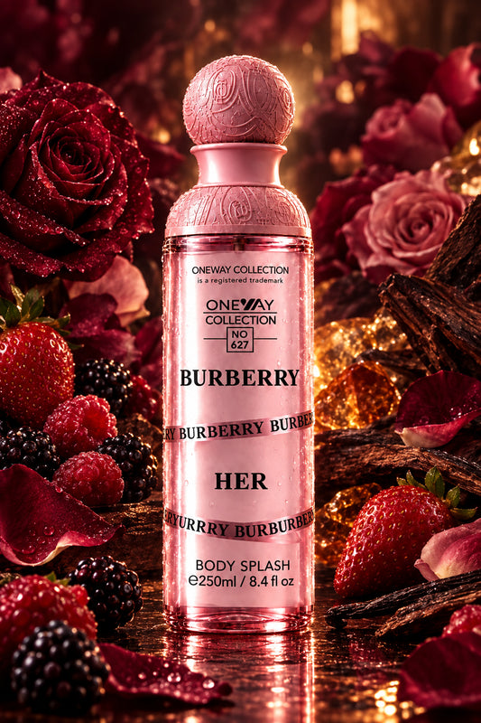 Burberry Her One Way Collection body splash in a pink bottle with a pink cap, shown on a reflective surface with a blurred Burberry logo in the background.