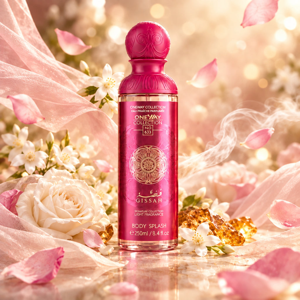 A pink bottle of Gissah One Way Collection No. 835 Giseah Body Splash, featuring a decorative pink cap and a pink label with gold and white text, set against a light marble background.
