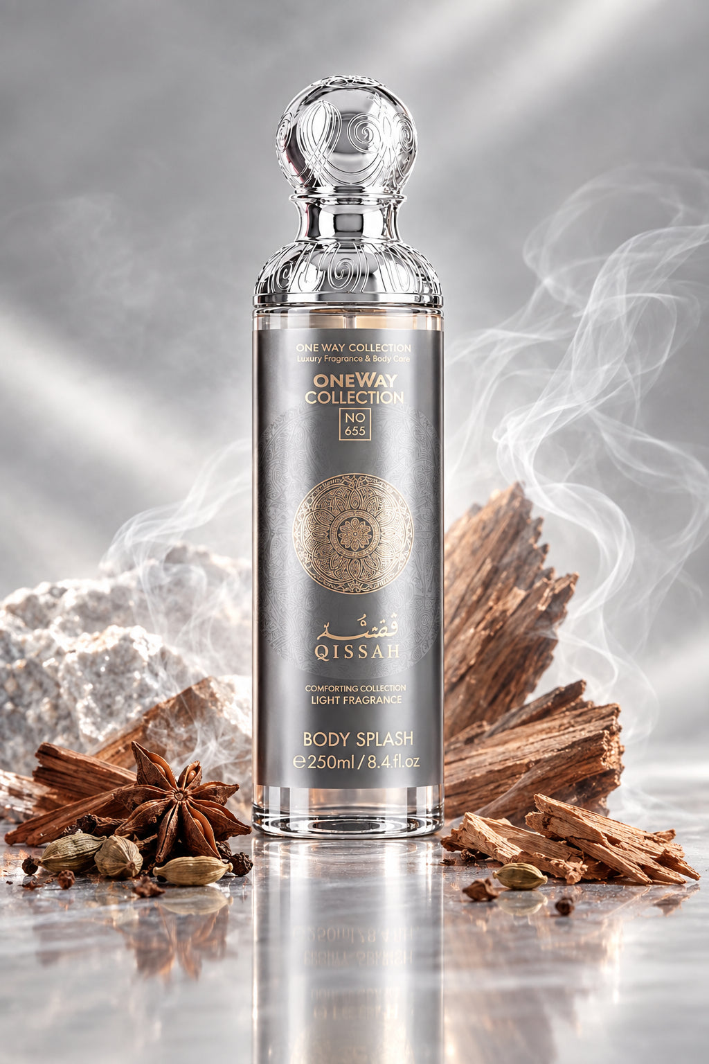 A bottle of OneWay Collection No. 835 Qissas Body Splash, featuring a metallic silver cap and a dark gray label with gold circular patterns, set against a light wood background.