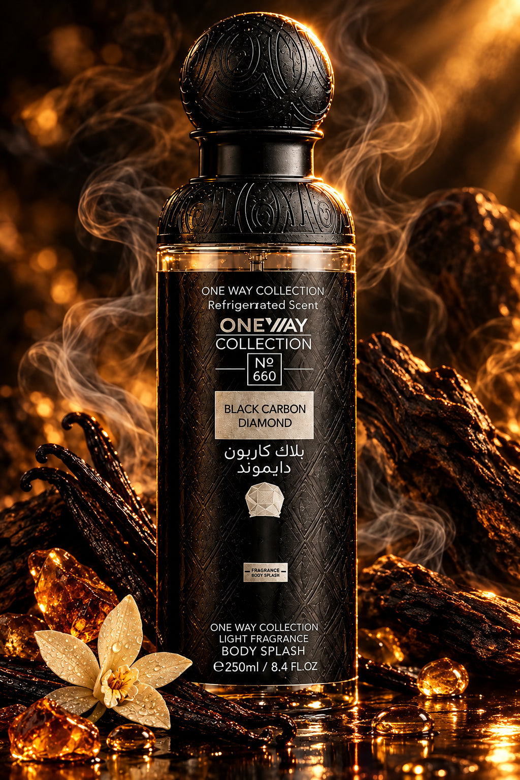 A bottle of One Way Collection Black Carbon Diamond body spray with a black cap, set against a dark background with a vanilla flower and vanilla bean prop.