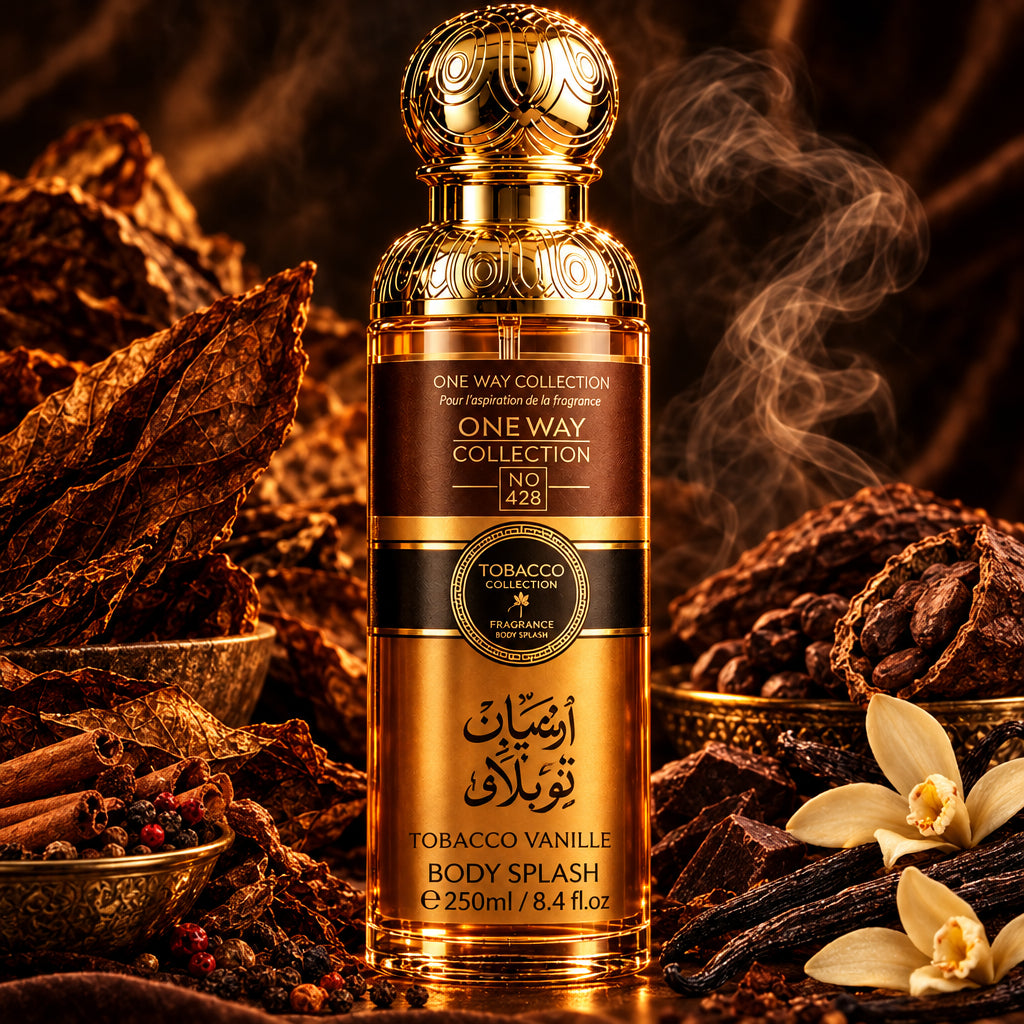 A bottle of One Jay Collection Tobacco Body Splash, featuring a metallic gold cap and a black and gold label with Arabic text, set against a marble background.