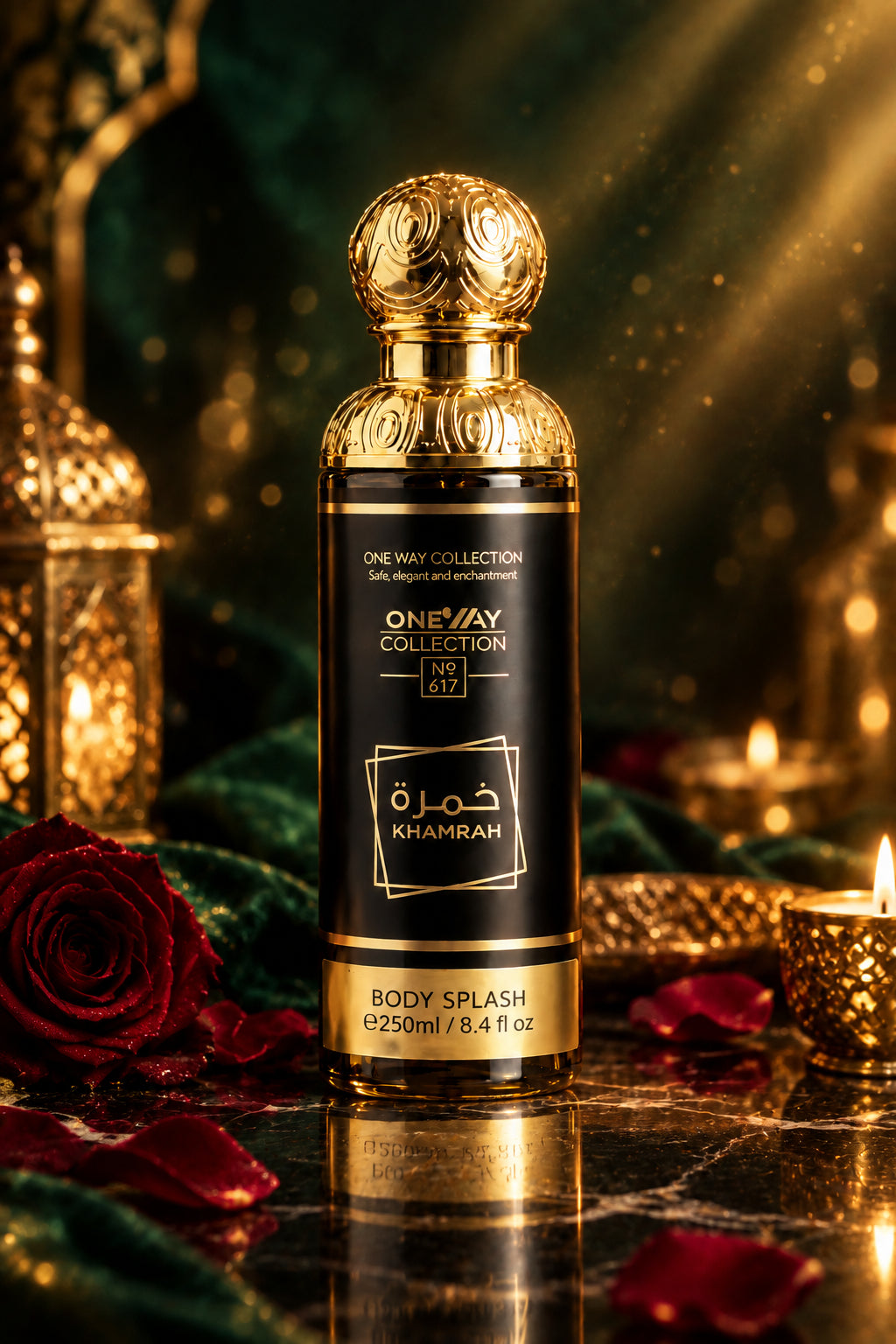 A bottle of Khmara One Way Collection No. 217 Body Splash, 250ml, featuring a black label with gold lettering and a highly ornate gold cap, set against a dark wood background.