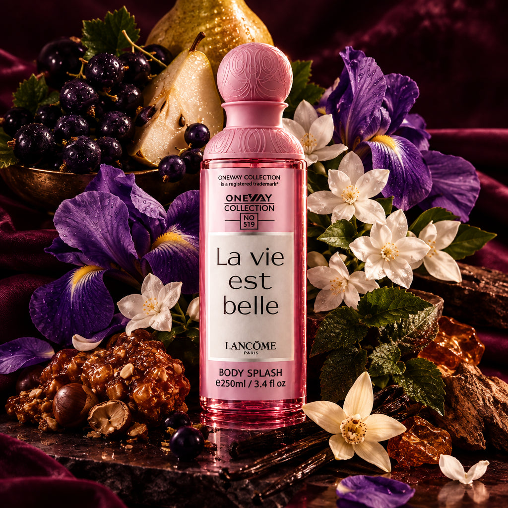 Lancôme One Way Collection No. 19 Body Splash in a pink bottle with a matching pink cap, featuring a white label with French text 'La vie est belle'.