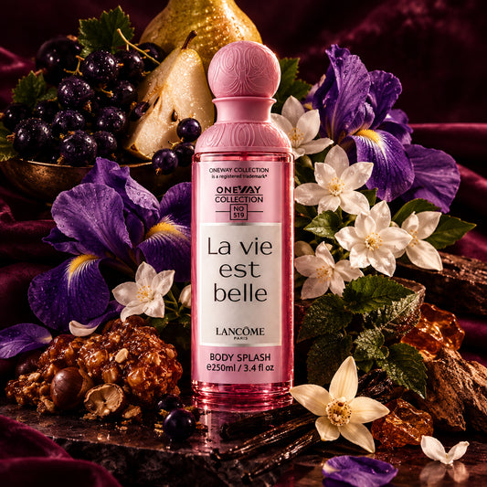 Lancôme One Way Collection No. 19 Body Splash in a pink bottle with a matching pink cap, featuring a white label with French text 'La vie est belle'.