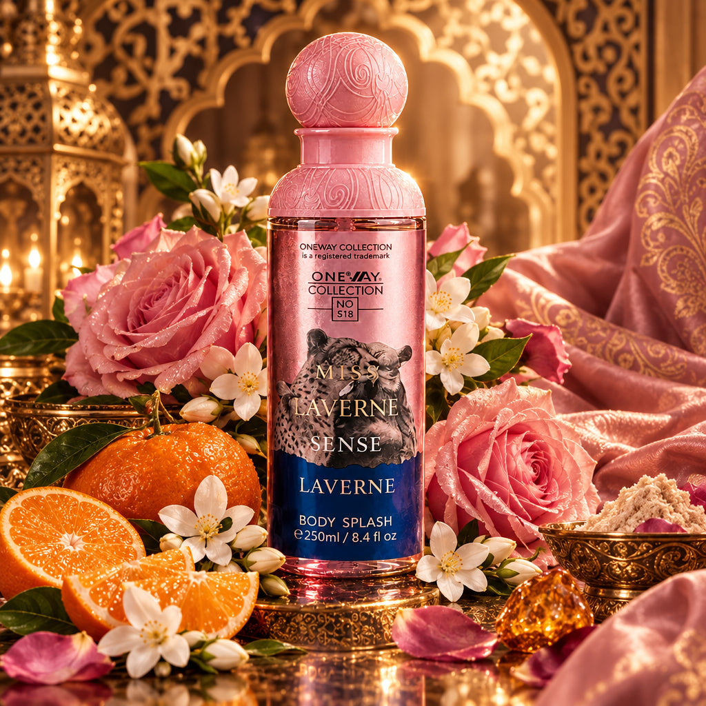 A bottle of One Way Collection No.516 Missy Laverne Sense Laverne Body Splash, featuring a pink spherical cap and a label with a leopard print and blue lower section.