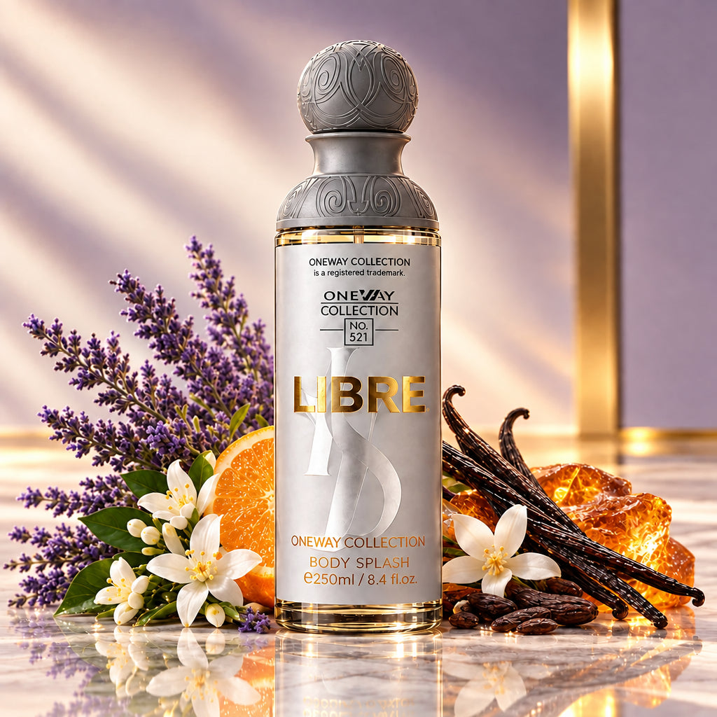 A bottle of One Way Collection Pro S21 Libre Body Splash, featuring a metallic silver-gray spherical cap and a white bottle body with gold lettering, set against a reflective dark gray background.