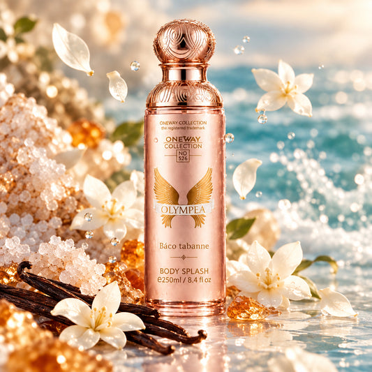 Olympea Oneavy Collection Baco Tabanne body splash in a metallic rose gold bottle with a matching ornate cap, shown on a reflective surface with a blurred background.