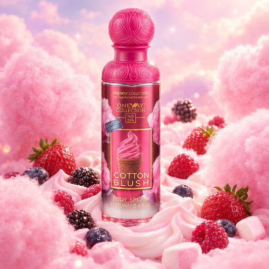 A bottle of One Way Collection No.524 Cotton Blush body wash, featuring a vibrant pink cap and label with a pink swirl graphic and a small ice cream cone illustration.