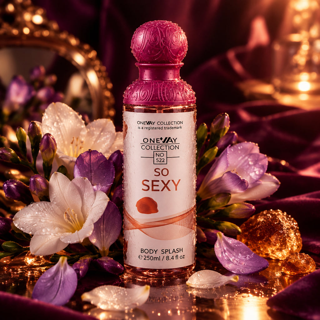 A bottle of One Way Collection No. 522 'So Sexy' body splash, featuring a vibrant pink cap and a white label with orange and pink graphics.