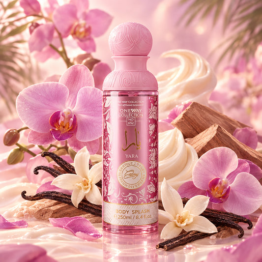 A bottle of Gonevay Collection Yara Body Splash in a pink and white floral pattern, featuring a pink cap and gold lettering.