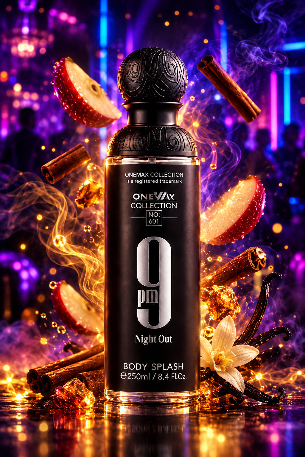 A bottle of OneWay Collection Body Splash 'Night Out' in a black bottle with a dark textured cap, set against a gray marble background.