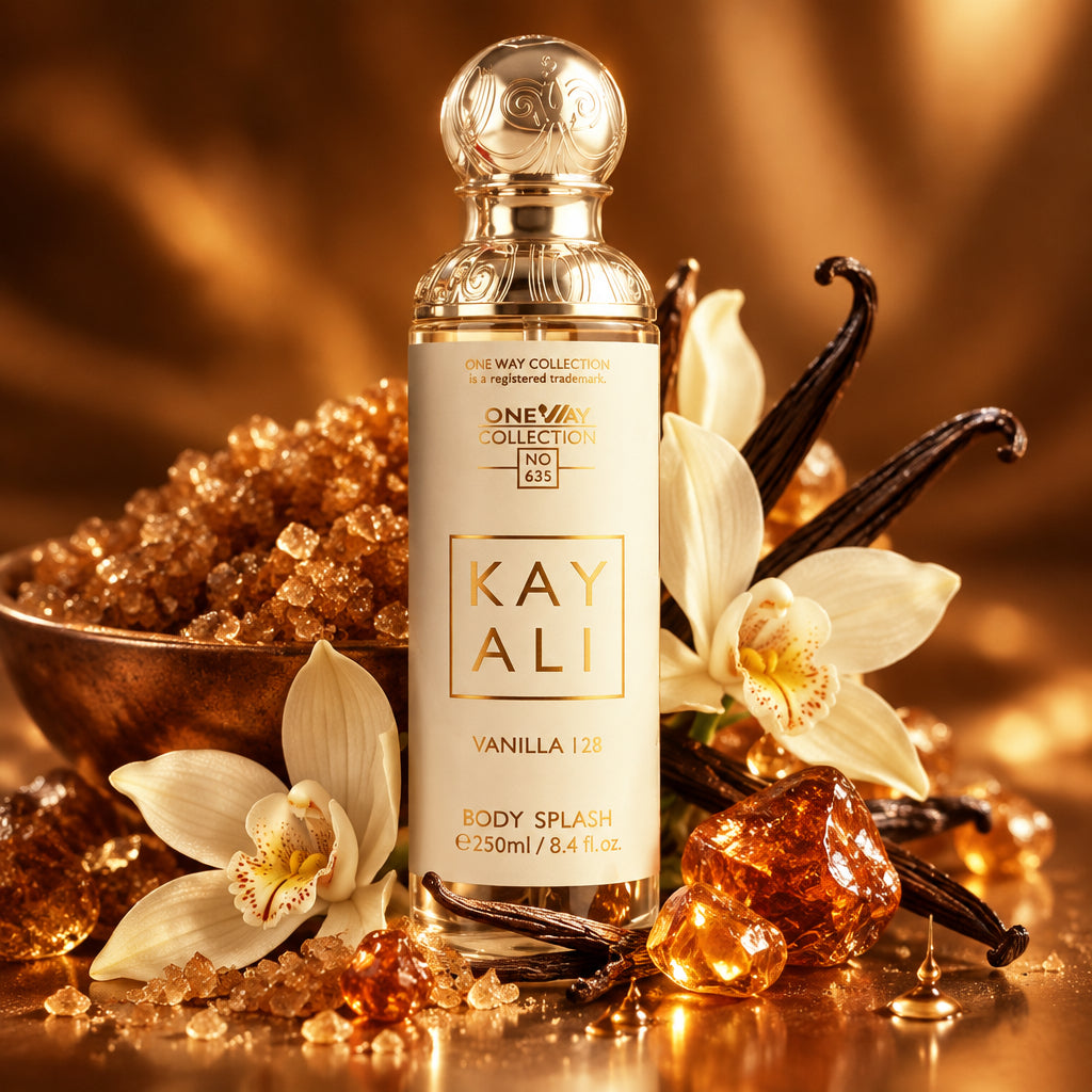A bottle of Kayali Vanilla 126 body splash from the One Way Collection, featuring a white label with gold lettering and a silver cap, styled with vanilla beans and white flowers on a light background.