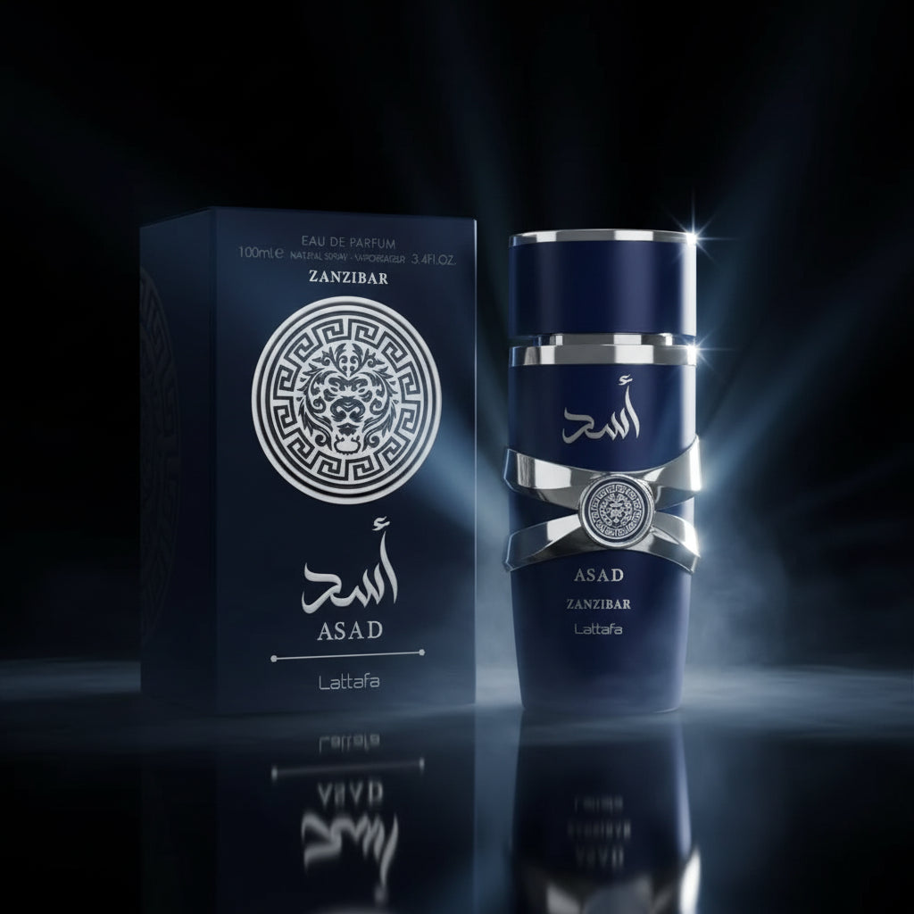 Blue perfume bottle and packaging with 'ASAD' branding on a white background