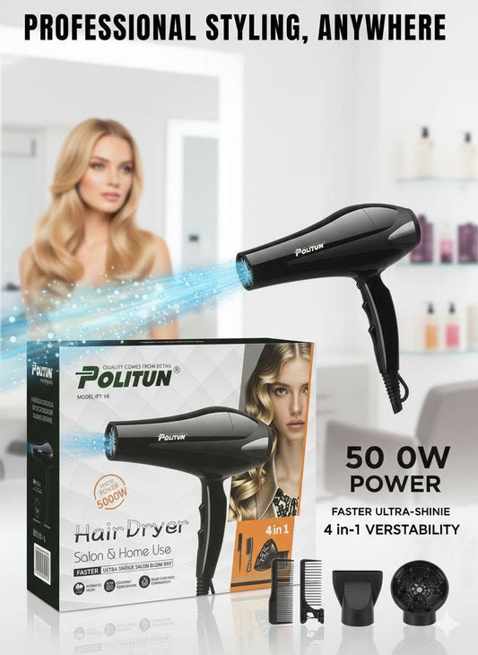 Politun hair dryer shown with its retail box, accessories, and a blurred woman in a bathroom-like setting. Text highlights 50W power, faster ultra-shine, and 4-in-1 versatility.