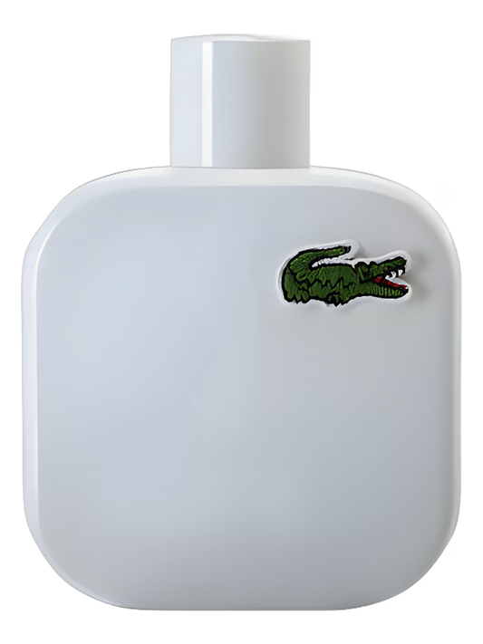 White Lacoste perfume bottle with green logo on a white background